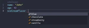 Screenshot of Visual Studio Code displaying the person YAML and an autocompletion window for the values of the iceCreamFlavor field.