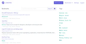 Homepage of my linkding instance showing a list of links, the navigation, and a list of tags.