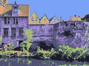 Houses along one of the canals in Bruges processed using the Tokyo Night palette